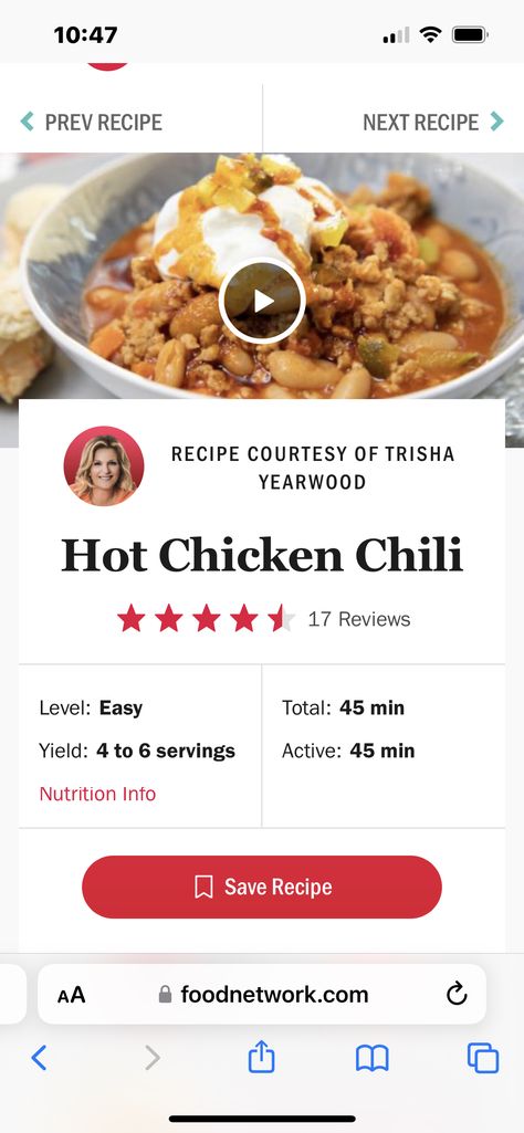 Trisha Yearwood, Hot Chicken, Chicken Chili, Save Food, Chili, Nutrition, Chicken, 10 Things