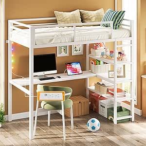 Built In L Shaped Desk, Small Shared Bedroom, Loft Bed Twin, Space Saving Bunk Bed, Bed Twin Size, White Loft Bed, Modern Style Bed, Metal Loft Bed, Bunk Bed With Desk