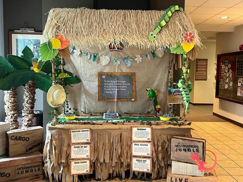 Jumanji Hallway Decorations, Jungle Journey Vbs 2024 Crafts, Jungle Journey Vbs 2024 Decorations, Jungle Journey Vbs 2024, Jungle Journey Vbs, Moana Stage Design, Jungle Journey Vbs 2024 Stage, Jungle Theme Classroom Decorations, Jungle Vbs