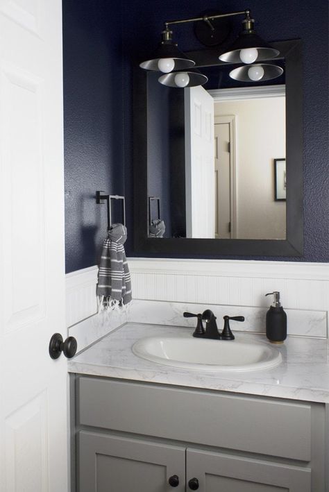 Navy And Black Bathroom Ideas, Faux Countertops, Navy Blue Bathroom Walls, Blue Powder Room, Blue Bathroom Walls, Dark Blue Bathrooms, Navy Blue Bathrooms, Dark Bathroom, Navy Bathroom