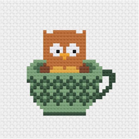 Teacup Cross Stitch, Cross Stitch Pattern Maker, Owl Cross Stitch, Cross Stitch Cushion, Cross Stitch Bird, Animal Designs, Pixel Pattern, Cross Stitch Cards, Diy Cross Stitch