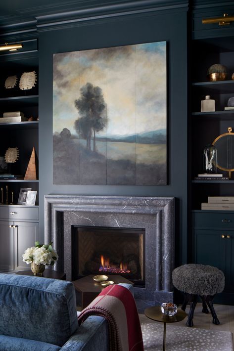 Dark Blue Painted Walls, Fireplace Styling Ideas, Hidden Basement, Fireplace Remodel Ideas, Farmhouse Library, Bookshelves Around Fireplace, Dark Den, Den With Fireplace, Basement Modern