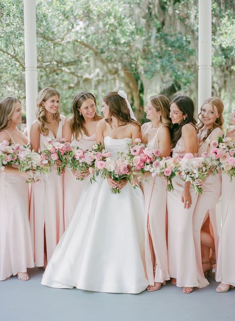 Light Pink Mixed Bridesmaid Dresses, Light Pink Wedding Aesthetic, Pale Pink Wedding Theme, Light Pink Wedding Flowers, Light Pink Wedding Theme, Bridesmaids Suits, Coastal Wedding Theme, Pastel Pink Bridesmaid Dresses, Mixed Bridesmaid Dresses