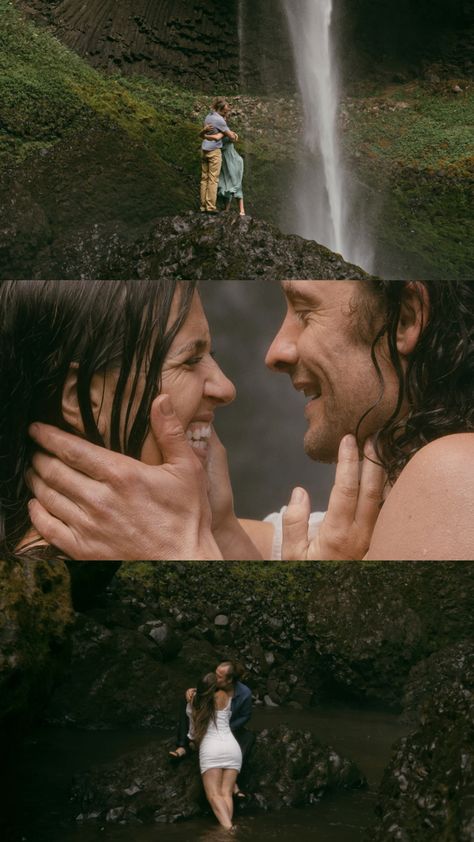 Latourell falls couple photoshoot #latourellfallsoregon #oregon #couplestravel #couplesaesthetic #oregonwaterfall #waterfall #waterfallphotoshoot Couple Water Photoshoot, Cinematic Storyboard, Waterfall Couple Photoshoot, Manifesting Soulmate, Waterfall Engagement Pictures, Waterfall Shoot, Waterfall Photoshoot, Latourell Falls, Waterfall Engagement