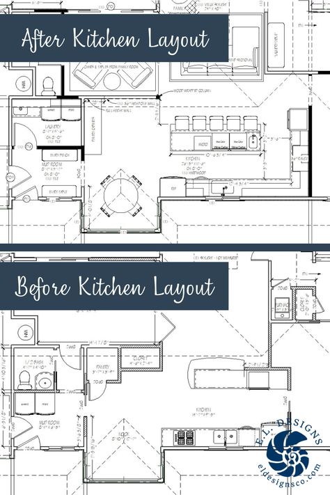 The pin shows two images of CAD drawings of a Kitchen space in Santa Cruz, California. The after CAD drawing is on the top half of the pin, and the before CAD drawing is on the bottom half of the pin. The after drawing was done by Erin at E.L. Designs during a whole house remodel. Kitchen Redesign Layout Before And After, Open Plan House Design Layout, Kitchen Expansion Before And After, Kitchen Expansion, Micro Kitchen, Island Bathroom, Remodeling House, Whole House Remodel, Ranch House Remodel