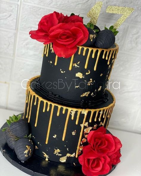 Red Black And Gold Birthday Cake, Red Black And Gold Cake Birthday For Men, 3 Layer Cake Designs Birthday, Red Black And Gold Cake, Red And Black Cake Ideas Birthdays, Baddie Cake Ideas, Gold Butterfly Cake, Baddie Cake, 70 Cake