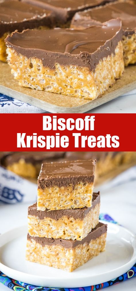 Biscoff Rice Krispie Treats - up your Rice Krispie Treat game by adding Biscoff spread! And then top with chocolate. Definitely a decadent no bake recipe! Mouthwatering Desserts, No Bake Recipe, Biscoff Spread, Krispie Treats Recipe, Summer Eats, Marshmallow Treats, Sweet Dips, Treats Recipes, Cereal Bars