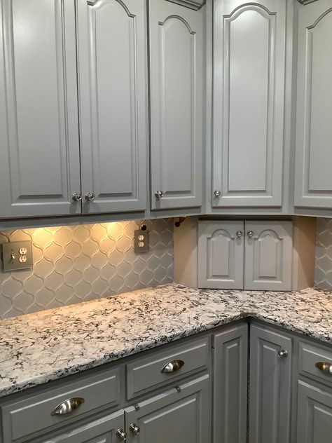 Gray Kitchen Cabinets Granite Countertop, Grey Cabinets With Granite Counters, Gray Cabinets With Granite Countertops, Countertops With Grey Cabinets, Cabinets With Gray Countertops, Arabesque Tile Backsplash Kitchen, Kitchen Cabinet Color Schemes, Kitchen Cabinets And Backsplash, Praa Sands