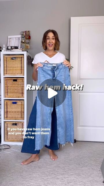 Christin Bryant | over 40 style | 🇨🇦 on Instagram: "Best hack for frayed hem jeans: fabric glue! Apply the glue on the inside of your jeans when the raw hem is how you like it and they won’t keep fraying - comment “link” to get an immediate DM with links to my jeans and the fabric glue.  Other ways to shop: - find me (cbstyled) in the LTK app - link in bio > LTK outfit links - see my “Feb links” highlight  #clothinghacks #frayedjeans #rawhem frayed hem jeans, clothing hack, raw hem jeans, Mango jeans, cropped jeans, frayed hem jeans" How To Fix Long Jeans Hem Pants, Hemming Jeans With Original Hem By Hand, Jeans Hemming Hacks, Tops For Straight Jeans, How To Make Frayed Hem Jeans, How To Crop Jeans That Are Too Long, Raw Hem Wide Leg Jeans, How To Style Jeans And Top, How To Crop Jeans Diy