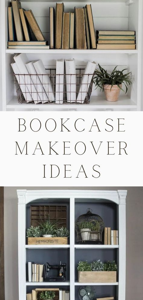 Beautiful bookcase makeover ideas. These ideas include paint finishes, wallpaper and what to put on your shelves. DIY Bookshelf Makeover That's Not Just For Bookworms. Styling, Decor, On Wall, Ideas, Organization, Kids, Bedroom, Small, Farmhouse, White, Rustic, Vintage, Built In, Grey, and With Books. bookcas, Best bookshelf organizing, bookshelf decor, bookshelf decorative books, bookshelf styling with books, bookshelf makeover, and bookshelf inspiration Bookshelf Makeover Ideas, Bookcase Makeover Ideas, Bookshelf Styling With Books, Diy Bookshelf Makeover, Styling With Books, Farmhouse Bookshelf Decor, Diy Makeover Ideas, Wallpaper Bookshelf, Farmhouse Bookcases