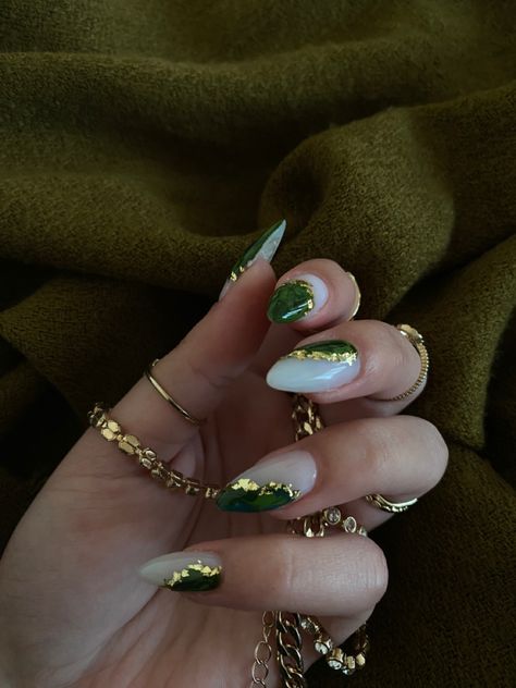 White And Green Nails With Designs, Gold Leaf Nails Green, White N Green Nails, Dark Green And White Nails Acrylic, Boho Nails Green, Green And Gold Coffin Acrylic Nails, Green Gold Almond Nails, Good And Green Nails, Gold Nails With Green