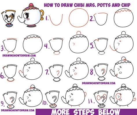 How to Draw Cute Kawaii / Chibi Mrs. Potts and Chip from Beauty and the Beast Easy Step by Step Drawing Tutorial for Kids Doodles Kawaii, Mrs Potts And Chip, Disney Drawing Tutorial, Disney Doodles, How To Draw Cute, Easy Disney Drawings, Baby Cartoon Drawing, Mrs Potts, Cartoon Drawing Tutorial