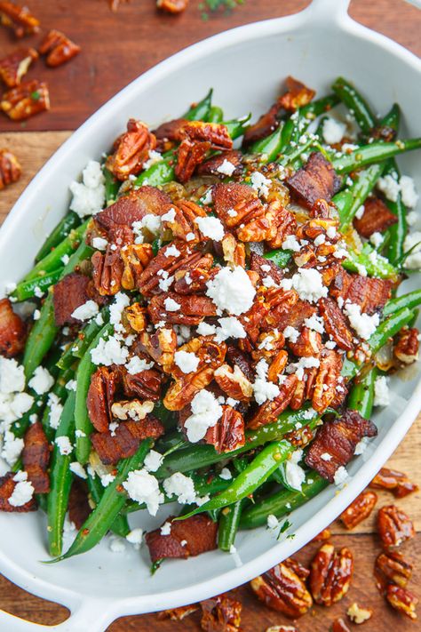 Maple Dijon Green Beans with Bacon, Candied Pecans and Goat Cheese Dijon Green Beans, Beans With Bacon, Dijon Sauce, Closet Cooking, Best Thanksgiving Side Dishes, Green Beans With Bacon, Goat Cheese Recipes, Thanksgiving Recipes Side Dishes, Candied Bacon