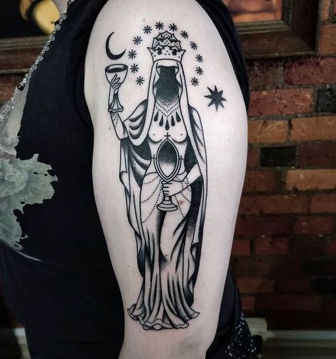 Chalice Well Tattoo, High Priestess Tattoo Design, Dark Virgo Tattoo, Queen Of Pentacles Tattoo, Traditional Witchy Tattoos, Esoteric Tattoo Spiritual, The Fates Tattoos, Aqua Tofana Tattoo, High Priestess Tattoo