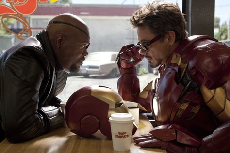 Iron Man 2 Tony Stark Nick Fury Donuts Nick Fury Marvel, Iron Men 1, Maria Hill, Marvel Men, Toni Stark, Iron Man 2, Film Journal, Marvel Aesthetic, Iron Man Tony Stark