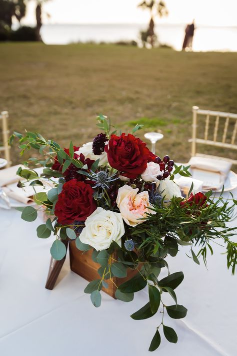 Burgundy Floral Centerpieces, Burgundy Wedding Centerpieces, Elegant Outdoor Wedding, Beautiful Wedding Centerpiece, Rustic Wooden Box, Romantic Outdoor Wedding, Wedding Floral Centerpieces, Rustic Wedding Centerpieces, Floral Centerpiece