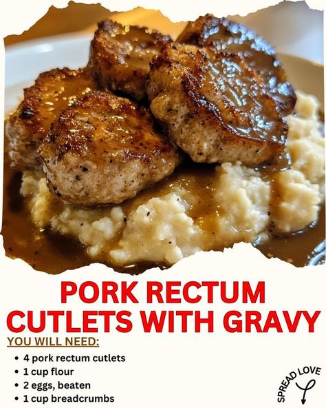 Easy Recipes By Crenn | Pork Rectum Cutlets with Gravy 🐖🍽️ | Facebook Turkey Cutlet Recipes, Pork Cutlet Recipes, Turkey Cutlets, Pork Broth, Gravy Ingredients, Pork Cutlets, 2 Eggs, Bread Crumbs, Gravy