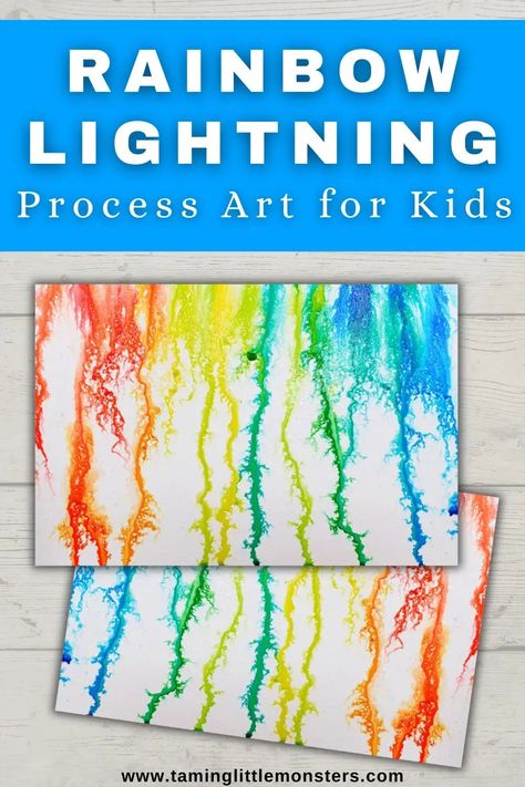 How to Make Rainbow Lightning (Process Art for Kids) - Taming Little Monsters Stem Art Projects Elementary, Color Exploration Preschool, Creative Discovery For Preschool, Prek Creative Arts Activities, Prek Back To School Art Activities, Process Art Painting, Steam Activities For Preschoolers, Lightning Craft Preschool, Lightning Preschool Activities