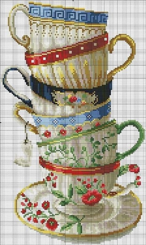 Cross Stitch Kitchen, Cross Stitch Love, Pola Kristik, Pola Sulam, Cups And Saucers, Free Cross Stitch, Cross Stitch Flowers, A Cross, Cross Stitch Charts