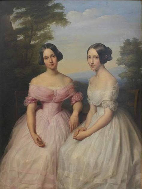 “Leopold Kupelwieser - Portrait of Mosigových sisters, 1842. ” 1840s Painting, Romantic Era Paintings, Alexei Romanov, History Of Fashion, Victorian Paintings, Historical Painting, 19th Century Fashion, Victorian Art, Historical Art