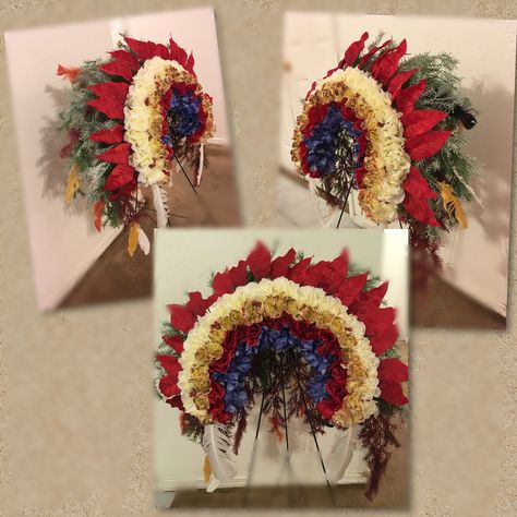 Native American Headdress flower arrangement - all sides shown Native American Flower Arrangements, Native American Floral Arrangements, Native American Headdress, Indian Headdress, American Theme, Spring Wreaths, Indian Head, Flower Ideas, Flower Show