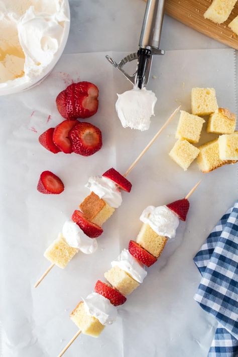 Strawberry Shortcake Kabobs - 2 Ways - Kitchen Fun With My 3 Sons Pound Cake Kabobs, Strawberry Shortcake Kabobs Skewers, Strawberry Kabobs Skewers, Strawberry Kabobs, Strawberry Shortcake Kabobs, Strawberry Shortcake Skewers, Fellowship Ideas, Dessert Kabobs, Strawberry Shortcake Dessert