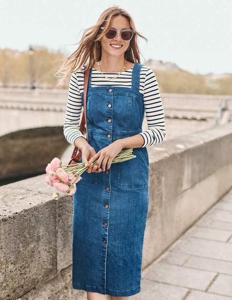 Boden Livia Denim Dress#affiliatelink Denim Dress Button Down, Denim Dress With Shirt Underneath, Denim Overall Skirt Outfit, Sleeveless Denim Dress Outfit, Dress With Shirt Underneath, Dress With Jeans, Denim Dress Outfit, Vintage Denim Dress, Denim Pinafore