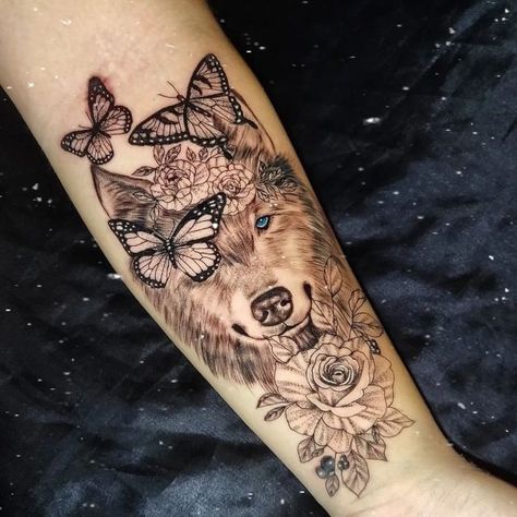 Tattoo Inspiration Wolf Butterfly Tattoo, Wolf And Butterfly, Wolf Butterfly, Owl Feather Tattoos, Mens Butterfly Tattoo, Enough Tattoo, Lower Leg Tattoos, Butterfly Tattoo Meaning, Mystical Tattoos