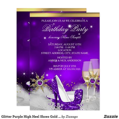 Glitter Purple High Heel Shoes Gold Champagne Invitation Glitter Purple High Heel Shoes, Silver Gold Champagne Birthday Party Invitation. Elegant Purple Silver, gold. Customize with your own details and age. Template for Sweet 16, 16th, Quinceanera 15th, 18th, 20th, 21st, 30th, 40th, 50th, 60th, 70th, 80th, 90, 100th, Fabulous product for Adult Women, teen Girls ❤ Affiliate ad link.  Fun birthday party invites - customize your invitations or products. #birthdayparty #invites #invitations Purple High Heel Shoes, Gold High Heel Shoes, Pink High Heel Shoes, Purple High Heels, Champagne Birthday, Gold High Heels, Champagne Party, Pink High Heels, Shoes Silver