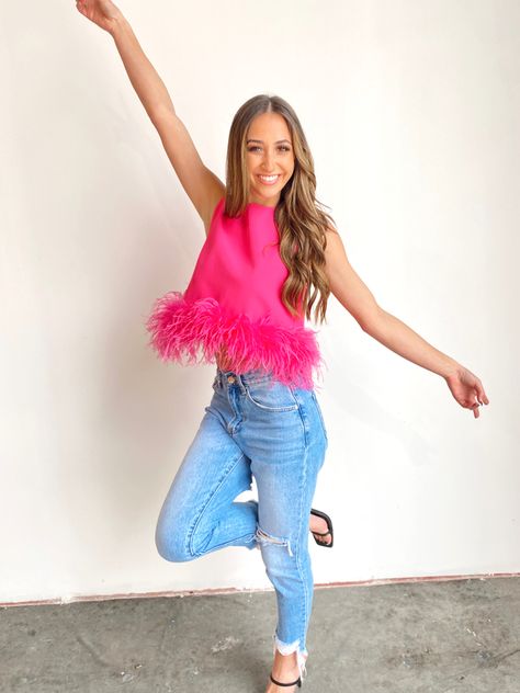 Hot Pink Bday Outfit, Pink Feather Top Outfit, Pink Feather Top, Hot Pink Top Outfit, Hot Pink Top, Hot Pink Outfits, Pink Bachelorette Party Outfit, Hot Pink Outfit Ideas, Feather Top Outfit