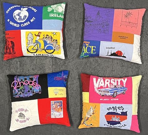 T Shirt Pillow Diy, Tshirt Pillow Diy, Tshirt Quilt Diy, Tshirt Quilt Pattern, Making Pillows, Shirt Pillows, Quilt Pillow Case, T Shirt Quilts, Tee Shirt Quilt