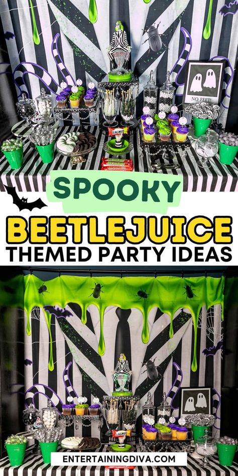 Spooky Beetlejuice Themed Party Ideas | Halloween Beetlejuice Party Games, Beetle Juice Party Ideas, Beetlejuice Party Decorations, Beetlejuice Party Food, Beetlejuice Birthday Party, Beetlejuice Birthday, Beetlejuice Decor, Diy Halloween Bottles, Halloween Scene Setters