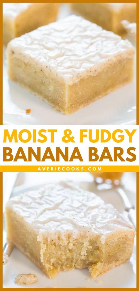 Fudgy Banana Bars with Browned Butter Vanilla Glaze, easy desserts to impress, sweet treats, baking recipes Banana Blondies With Brown Butter Icing, Banana Blondies Recipe, Blondies Recipes, Banana Blondies, Easy Impressive Dessert, Banana Brownies, Banana Dessert Recipes, Banana Bars, Averie Cooks