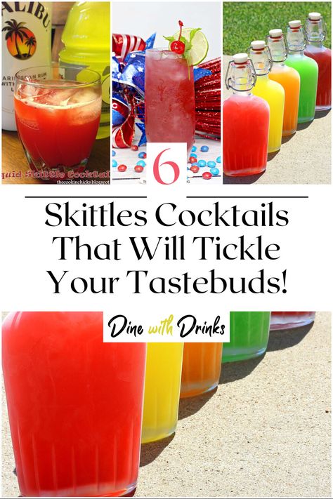 Collage of 4 skittles cocktails. Skittles Cocktail, Skittles Flavors, Skittles Drink, Skittle Vodka, Candy Alcohol Drinks, Flavored Tequila, Rainbow Drinks, Cocktail Mixology, Candy Cocktails