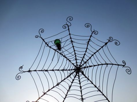 repurposed barbed wire | 24" Barbed Wire Spiderweb With Green Glass Spider Upcycled Art Made To ...