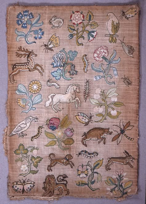 Sampler Embroidery 18th Century, Antique Embroidery Patterns, Elizabethan Embroidery, European Embroidery, Historical Embroidery, Medieval Embroidery, Embroidered Animals, Antique Embroidery, Embroidery Sampler