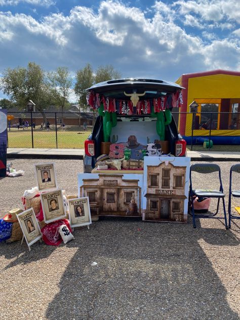 Western Trunk Or Treat Ideas For Cars, Saloon Trunk Or Treat, Country Trunk Or Treat Ideas, Covered Wagon Trunk Or Treat, Rodeo Trunk Or Treat Ideas, Cowboy Trunk Or Treat Western Theme, Train Trunk Or Treat, Wild West Trunk Or Treat, Western Trunk Or Treat Ideas