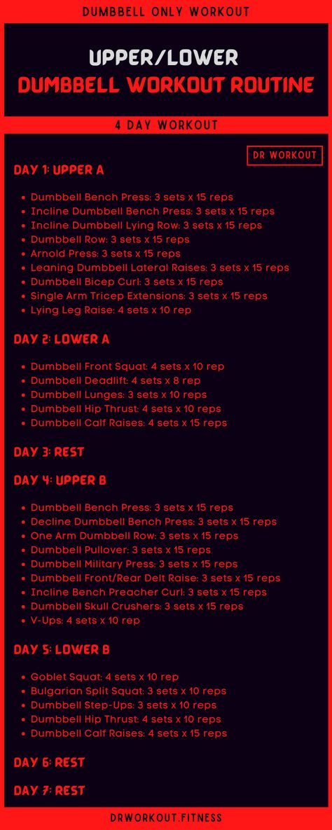 4 Day Upper Lower Dumbbell Workout Plan 4 Day Workout Routine, Dr Workout, Dumbbell Workout Routine, Split Workout Routine, Dumbbell Workout Plan, 4 Day Workout, Dumbbell Only Workout, Wods Crossfit, Free Weight Workout