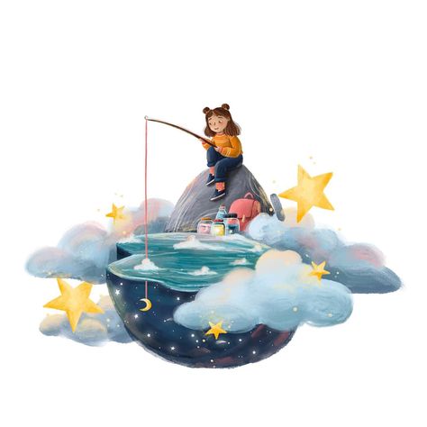 Fishing for wishes. #pond #art #artist #kidlitart #stars #moon #space #fishing #picturebookart #illustration #illustrator #magical #wish… | Instagram Wish Illustration, Fly Fishing Illustration, Fish In Sky Art, Fishing Village Illustration, Fishing Boats Illustration, Fishing Illustration, Over Fishing Illustration, Pond Art, Magic Shell