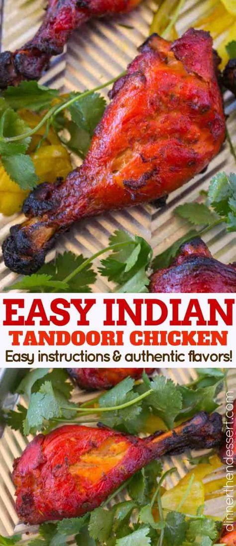 Tandoori Chicken is a classic Indian recipe that is marinaded in yogurt, garam masala, cayenne pepper and garlic before being baked in an oven. We make it easy enough to cook during the week and use chicken legs for easy, quick cooking. | #indianfood #indianrecipes #indianchickenrecipes #dinnerthendessert #tandoorichicken #chickentandoori #easyindianfood #tandoorispices #tandoorimarinade #grilledchicken src= Easy Tandoori Chicken, Tandoori Chicken Recipe, Tandoori Marinade, Tandoori Recipes, Dinner Then Dessert, Indian Chicken Recipes, Rogan Josh, Tandoori Masala, Easy Indian Recipes