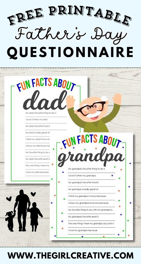 Make Dad's day by filling out this Fun Facts About Dad printable with your kids this Father's Day! Put the completed version in a sheet protector and add it to a binder for a fun yearly activity and compare the answers year to year. Great Gifts for Dad, Fathers Day Printables, Dad Printable, Father's Day Printable, Fathers Day Cards, Fathersday Card, Dads, Happy Fathers Day, DIY Gifts for Dad, Father Printable Fathers Day Cards, Fathers Day Printables, Grandpa Printable, Dad Printable, Father's Day Printable, Diy Gifts For Dad, Sheet Protector, Dad Day, Fathers Day Crafts