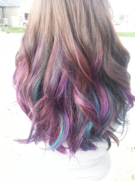 My long brown hair with purple, red violet, and turquoise highlights! In love! Blue And Purple Hair Color, Purple Highlights Brown Hair, Blue And Purple Hair, Purple Brown Hair, Purple Hair Color Ideas, Purple Hair Highlights, Purple Hair Color, Underlights Hair, Dip Dye Hair