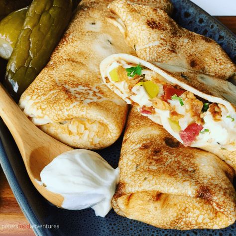 Savory Crepes Filling, Bacon Pickles, Dinner Crepes, Recipe Using Milk, Crepe Recipe Savory, Stuffed Crepes, Creamy Horseradish Sauce, Crepes Filling, Breakfast Crepes