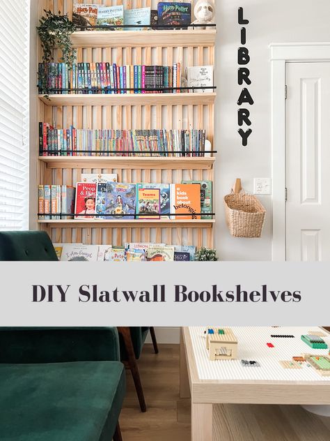 These Bookshelves will not only help to keep your books organized but will bring added design into your home with the slats behind them. Wood Wall Bookshelf, Wall Shelf Library, Diy Wall Bookcase, Diy Wall Mounted Bookshelves, Library Wall Diy, Slat Wall Bookshelf, Slat Bookshelf, Diy Slat Wall, Diy Bookshelf Wall