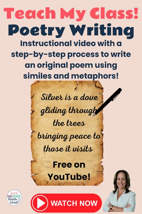 Poetry Writing Video Lesson - Free Teacher Resource for Middle School Writing Video, I Am Poem, Middle School Reading Comprehension, Write A Poem, Free Teacher Resources, Similes And Metaphors, Poetry Writing, Deep Breathing, Homeschool Lesson Plans