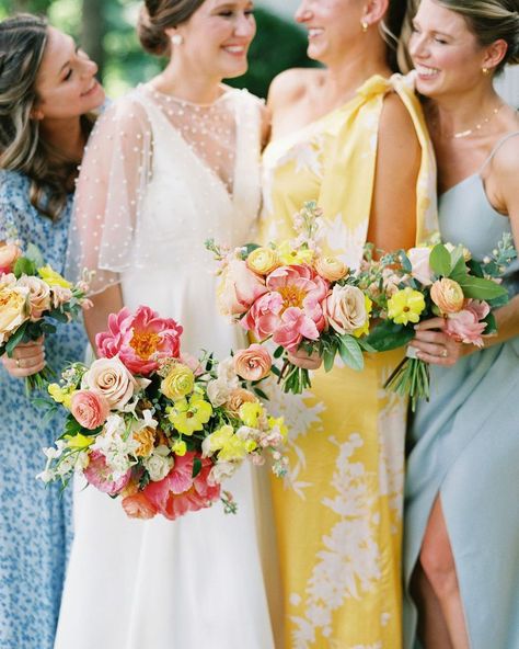 FLORA on Instagram: “Rachel had the best vision for her wedding florals. Vibrant hues and pops of citrus against a sweet backdrop of soft blues, buttery yellows…” Yellow Bridesmaid Dresses, Floral Bridesmaid, Yellow Bridesmaids, Floral Cotton Dress, Floral Event Design, Blue Bridesmaids, Wedding Florals, Yellow And Blue, Yellow Floral