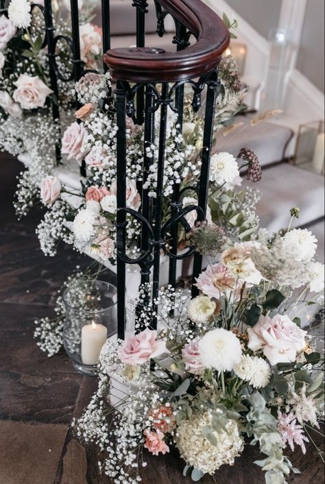 Staircase Florals, Staircase Flowers, Roses And Candles, Wedding Staircase, White Staircase, Cream Candles, Long Tables, Candles Wedding, Bridal Bouquet Pink