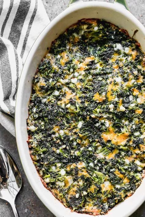 Cheesy Baked Spinach Casserole - Cooking for Keeps Spinach Bake Recipes, Spinach Gratin, Baked Spinach Artichoke Dip, Baked Spinach, Spinach Bake, Spinach Casserole, Bake Recipes, Cheese Casserole, Spinach Artichoke Dip