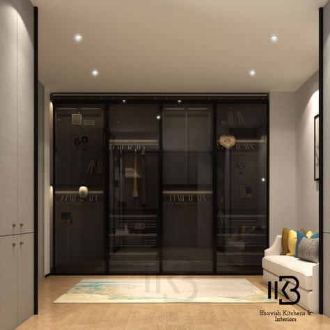 Walk-IN Closet with Black Tinted Glass Shutters Built In Wardrobe Designs, Closets Ideas, Dress Room, Glass Closet, Modern Cupboard, Bedroom Cupboard, Modern Cupboard Design, Luxury Wardrobe, Wardrobe Designs