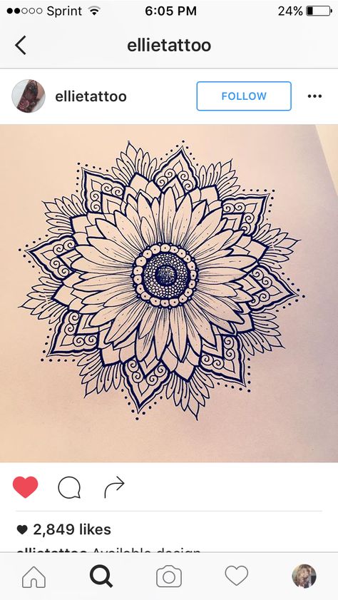 Love this daisy/sunflower mandala!                                                                                                                                                                                 More Mandala Arm Tattoo, Dotwork Tattoo Mandala, 27 Tattoo, Sunflower Tattoo Sleeve, Sunflower Tattoo Shoulder, Sunflower Mandala, 4 Tattoo, Sunflower Tattoos, Mandalas Drawing